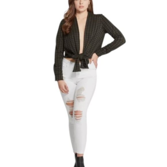 Guess USA black green masika plaid tie front top size M - Picture 2 of 3